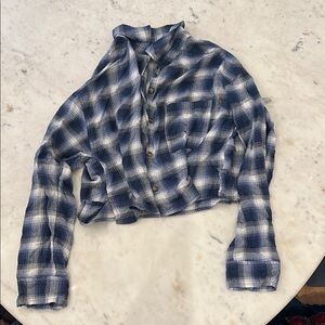 Blue and White Plaid Cropped Button-Up Shirt